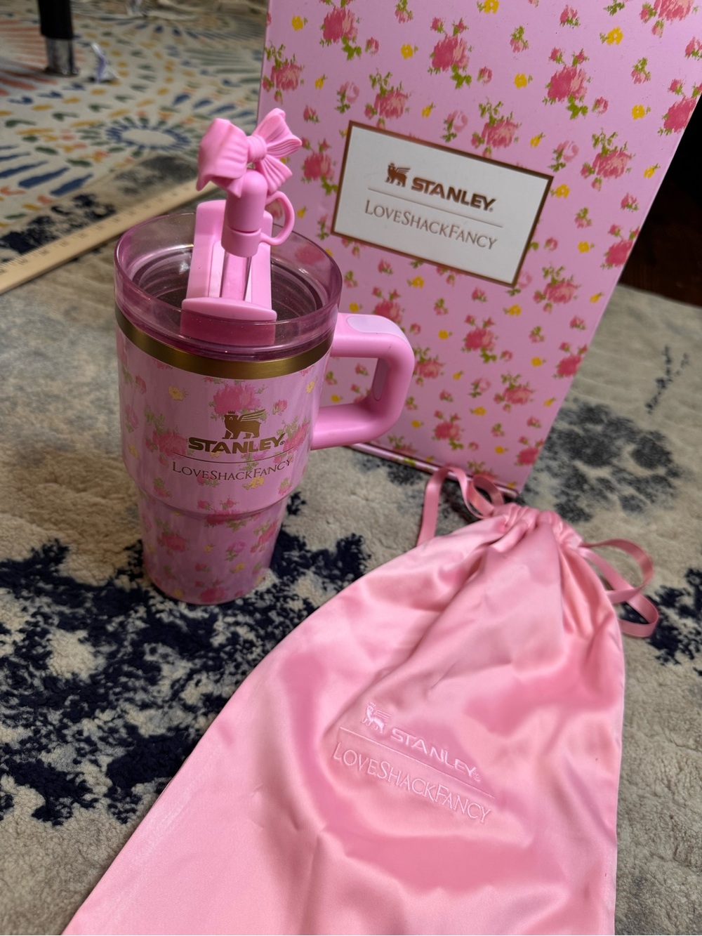 Stanley Pink Floral Travel Mug with Bow Lid and Satin Pouch